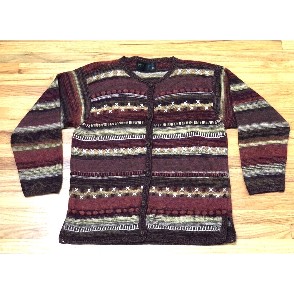 Vintage La Vicunita‎ Cardigan Sweater Red Women's S Striped 80s Alpaca Knit